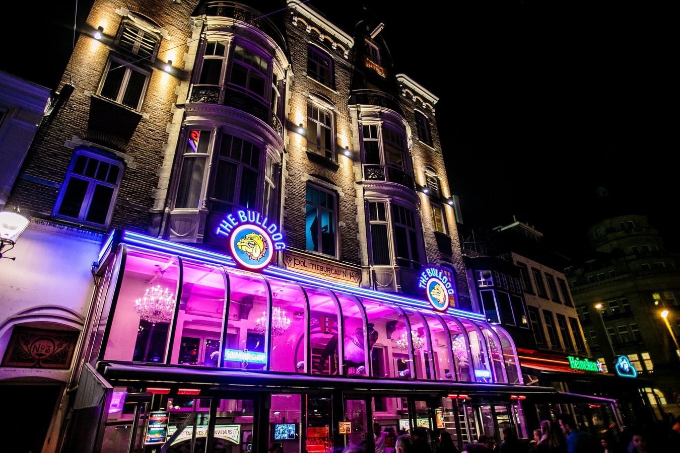 Leidseplein Square with crowds and The Bulldog Amsterdam façade