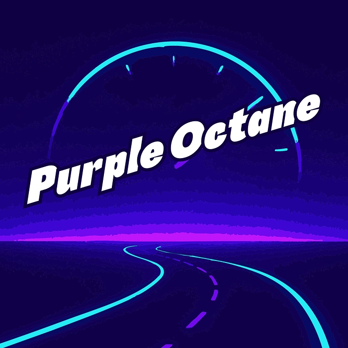 The Bulldog Seeds x Seed Supreme: Vibrant Purple Octane cannabis strain artwork featuring a neon highway and speedometer graphic, glowing in purple and blue tones with bold title text.