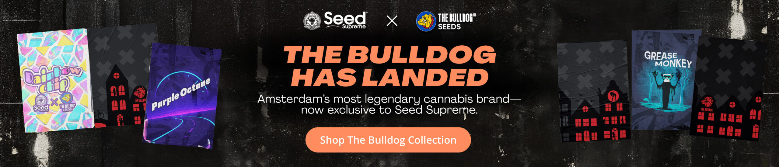 The Bulldog Seeds x Seed Supreme: Promotional banner for The Bulldog Seeds collection, now exclusive to Seed Supreme, featuring strain packs like Rainbow Chip, Purple Octane, and Grease Monkey with bold text "The Bulldog Has Landed" on a dark textured background.