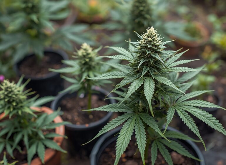 Flowering autoflower cannabis plant growing outdoors in a pot with blurred plants in the background