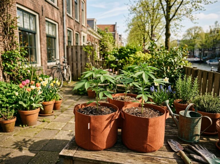 Young autoflower cannabis plants in fabric pots on a sunny outdoor patio during spring
