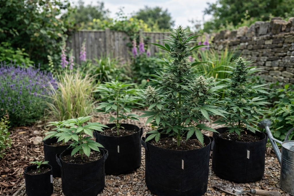 Autoflower cannabis plants at different growth stages in black fabric pots in a sunny outdoor spring garden