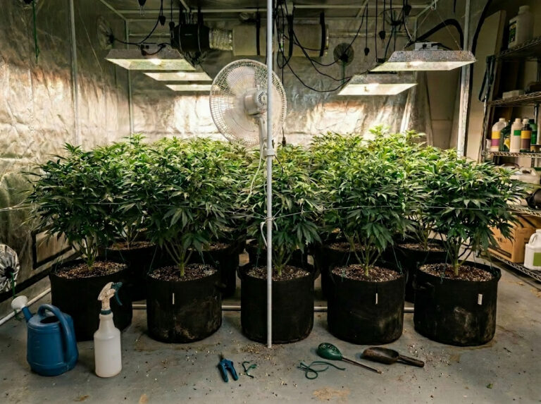 Indoor cannabis grow room with multiple plants in soil inside black fabric pots under grow lights