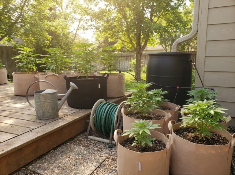 Outdoor cannabis plants in fabric pots beside a rain barrel, hose reel and watering can in a sunny garden