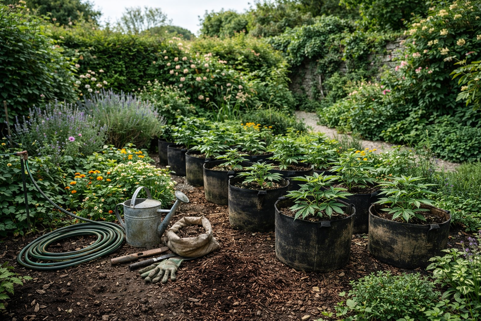 Outdoor cannabis plants in fabric pots with watering can, hose and companion plants in a spring garden