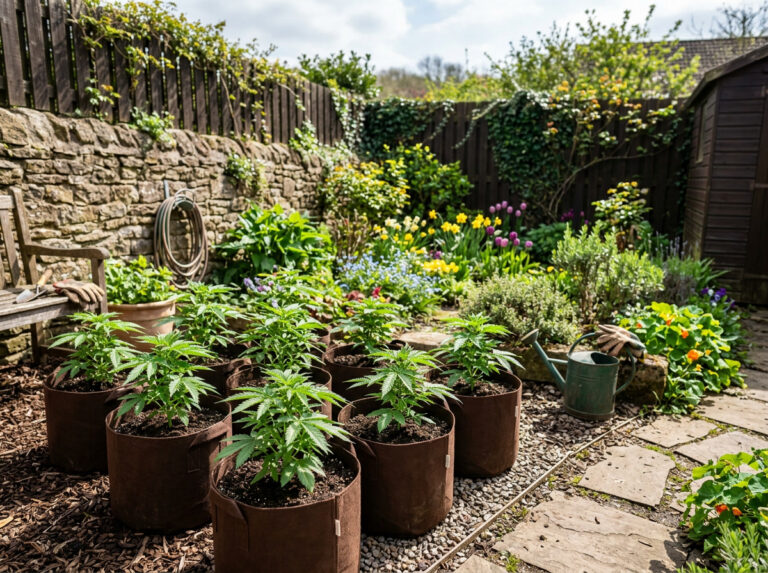 Young outdoor cannabis plants in black fabric pots in a private garden with flowers and watering can