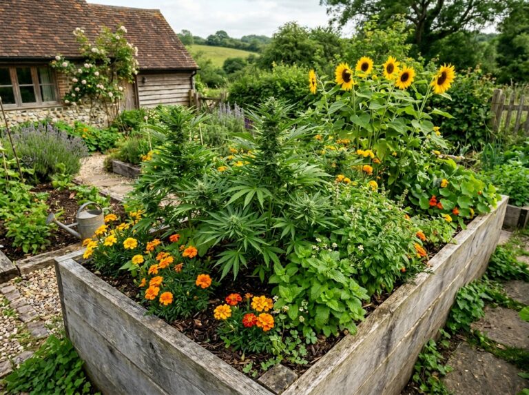 Outdoor cannabis plants growing in a raised bed with marigolds, herbs and sunflowers in a companion planting garden