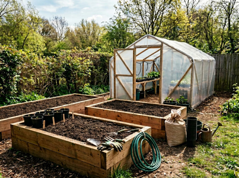 Raised beds, seed trays and a greenhouse set up for outdoor cannabis growing in a spring garden