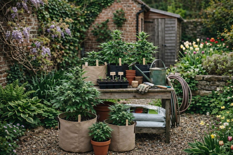 Outdoor spring garden with autoflower cannabis plants in pots, seedlings on a table, watering can and gardening tools