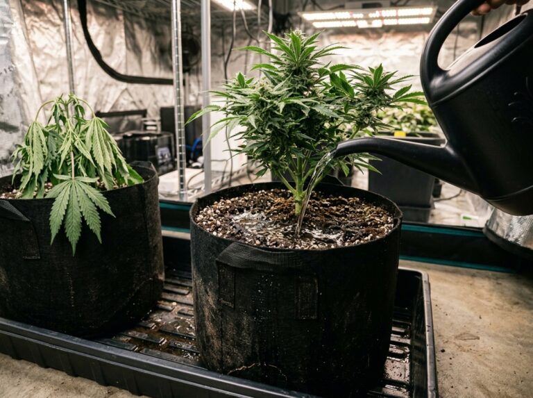 Cannabis plant in a fabric pot being watered in an indoor grow room, with another plant showing signs of overwatering nearby