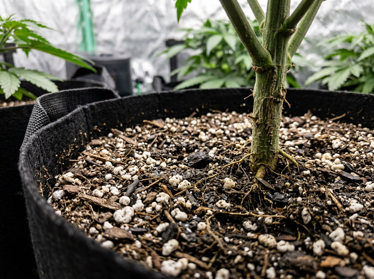 Close-up of soil with perlite around the base of a cannabis plant in a black fabric pot