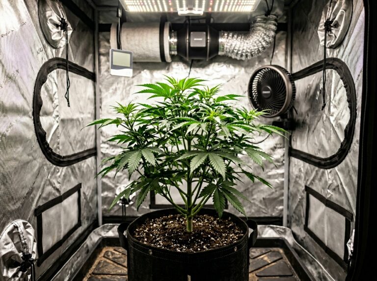 Single cannabis plant growing in soil in a black fabric pot inside a grow tent