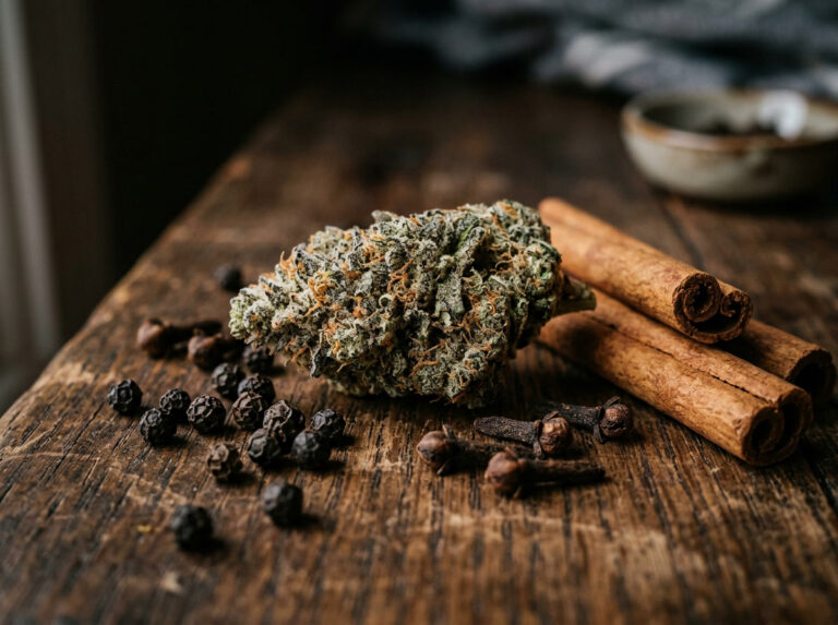 Common cannabis terpenes. Cannabis flower with black pepper, cloves and cinnamon arranged to represent caryophyllene