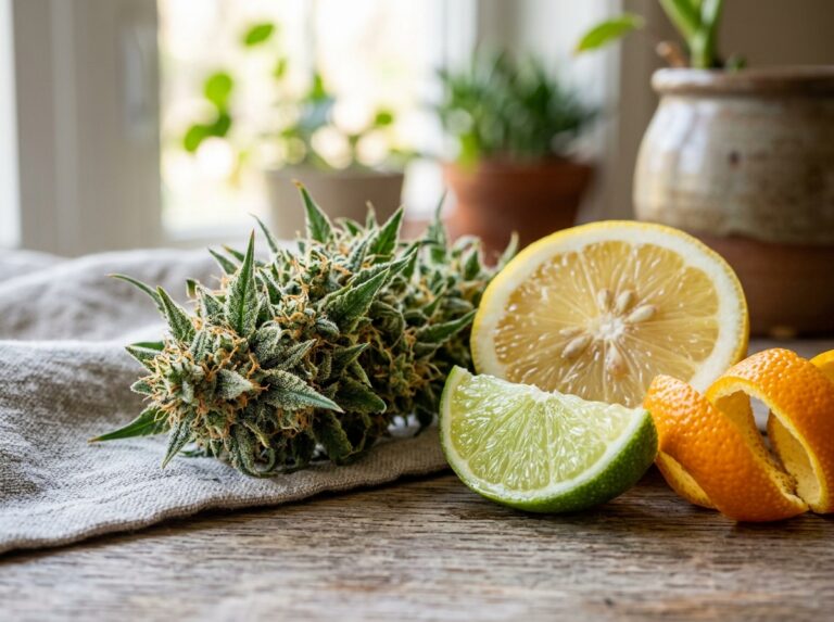 Cannabis flower with lemon, lime and orange peel arranged to represent limonene