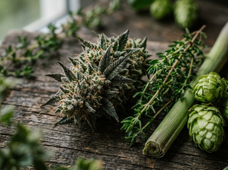 annabis flower with hops, thyme and lemongrass arranged to represent myrcene. Common cannabis terpenes