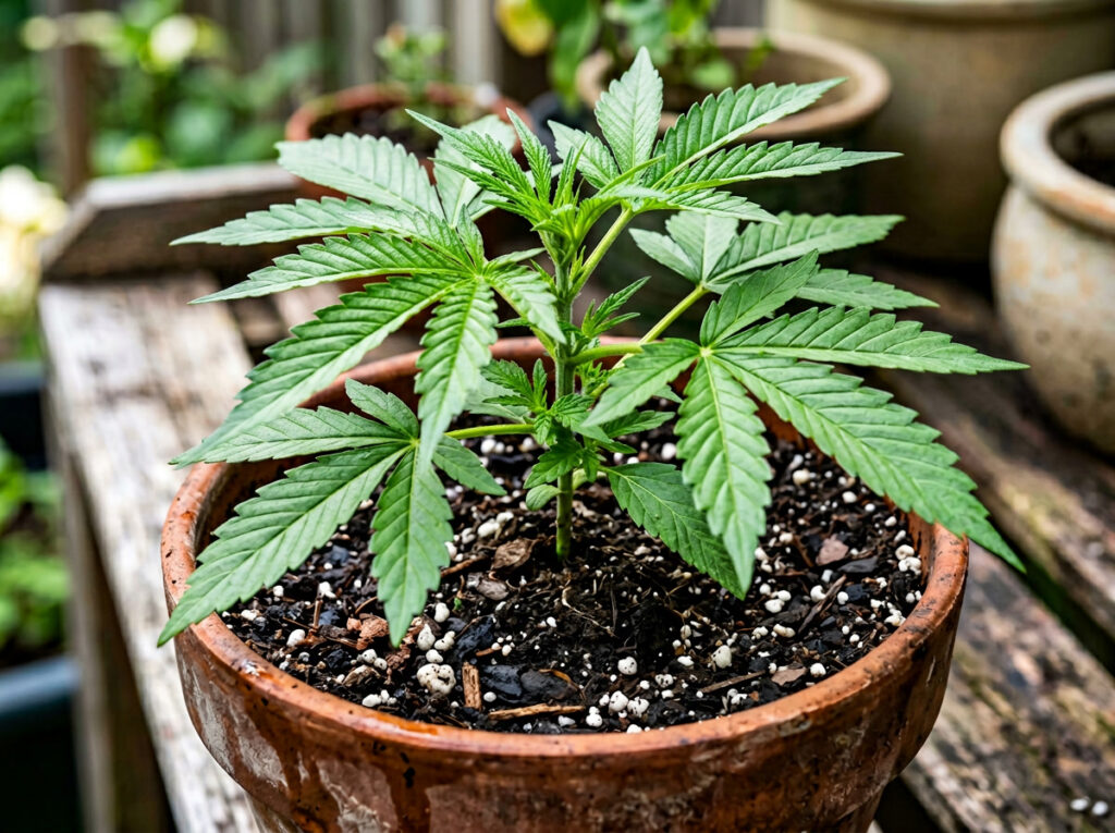 Young organic cannabis plant growing in soil in a terracotta pot on a wooden surface