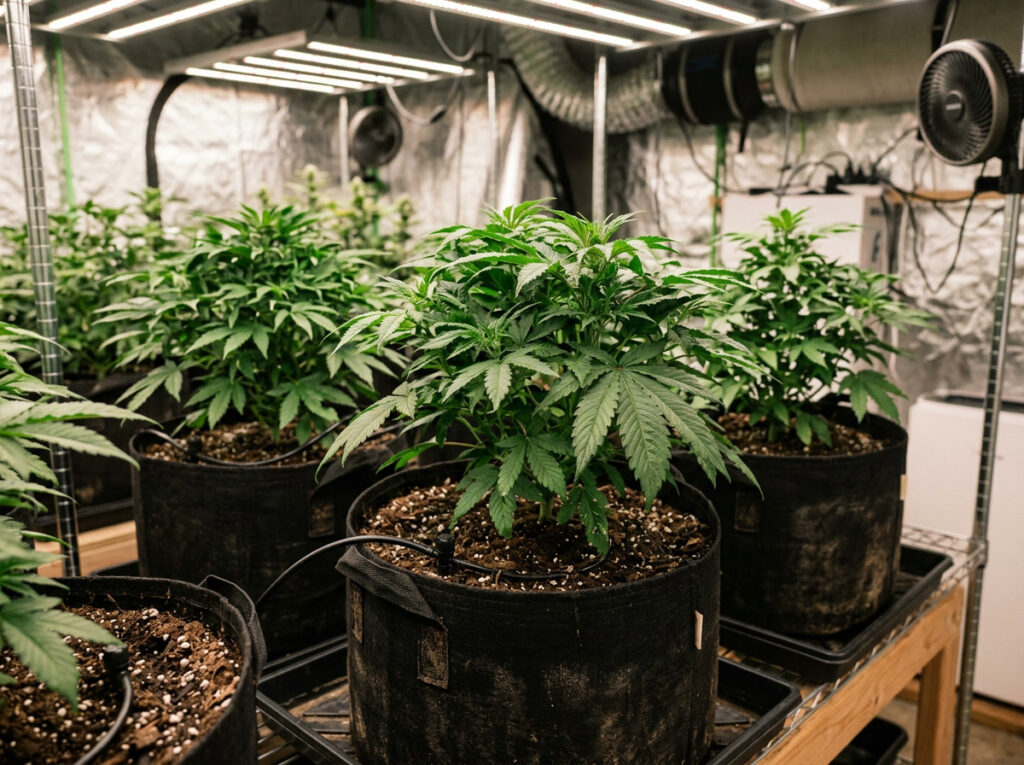 Organic cannabis plants growing in soil in black fabric pots under indoor grow lights