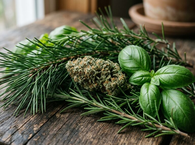 Cannabis flower with pine needles, rosemary and basil arranged to represent pinene. Common cannabis terpenes