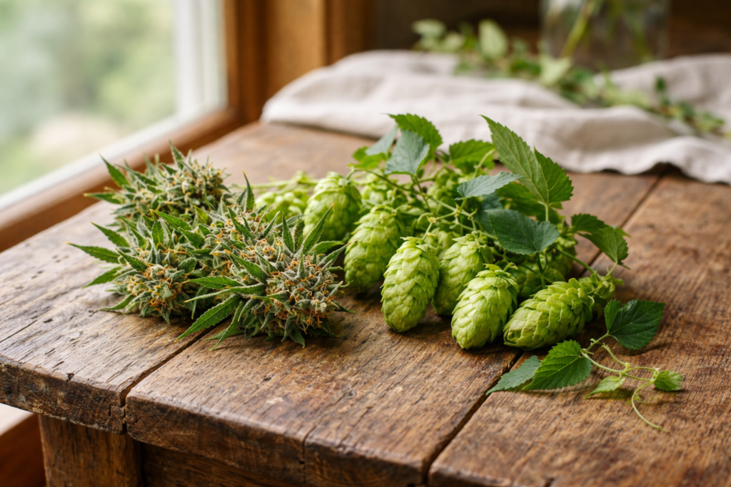 Cannabis flower and fresh hop cones on a rustic wooden table in natural window light. Imahe used for why does cannabis sometimes smell like beer?