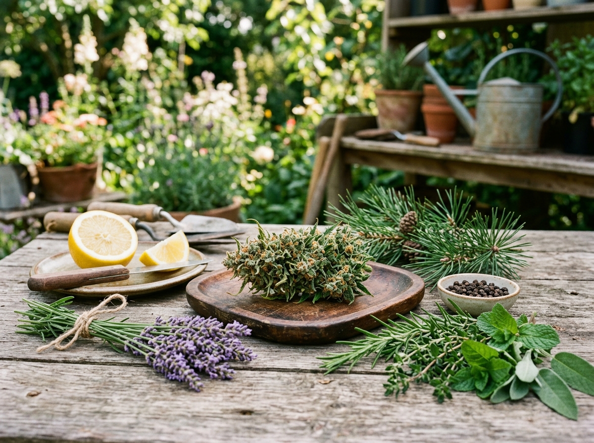 Cannabis flower with lemon peel, black pepper, pine needles and lavender on a dark surface