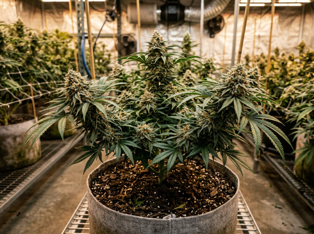 Organic cannabis plant in flower growing in a fabric pot inside an indoor grow room