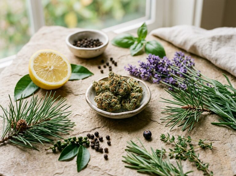 Common cannabis terpenes. Cannabis flower beside lemon, lavender, pine needles, black pepper and herbs on a neutral surface