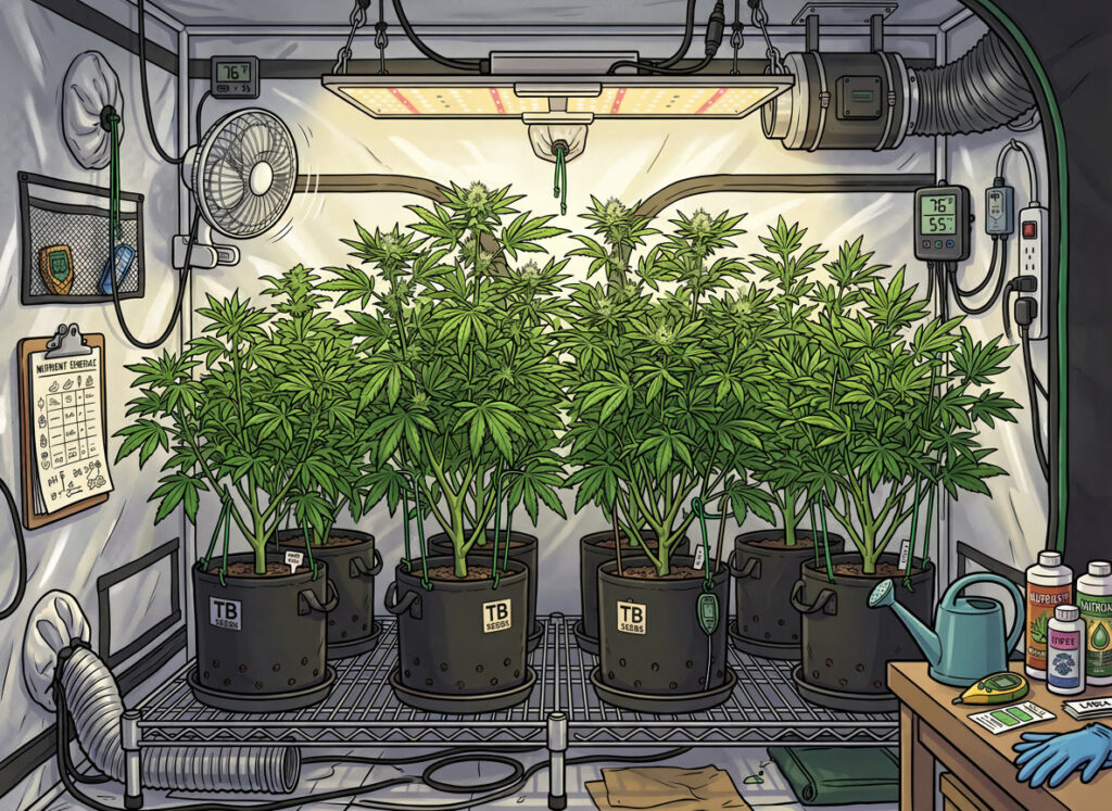 Cartoon illustration of an indoor cannabis grow room during the transition from vegetative growth to flower, with a wide canopy of plants in black pots under LED lights