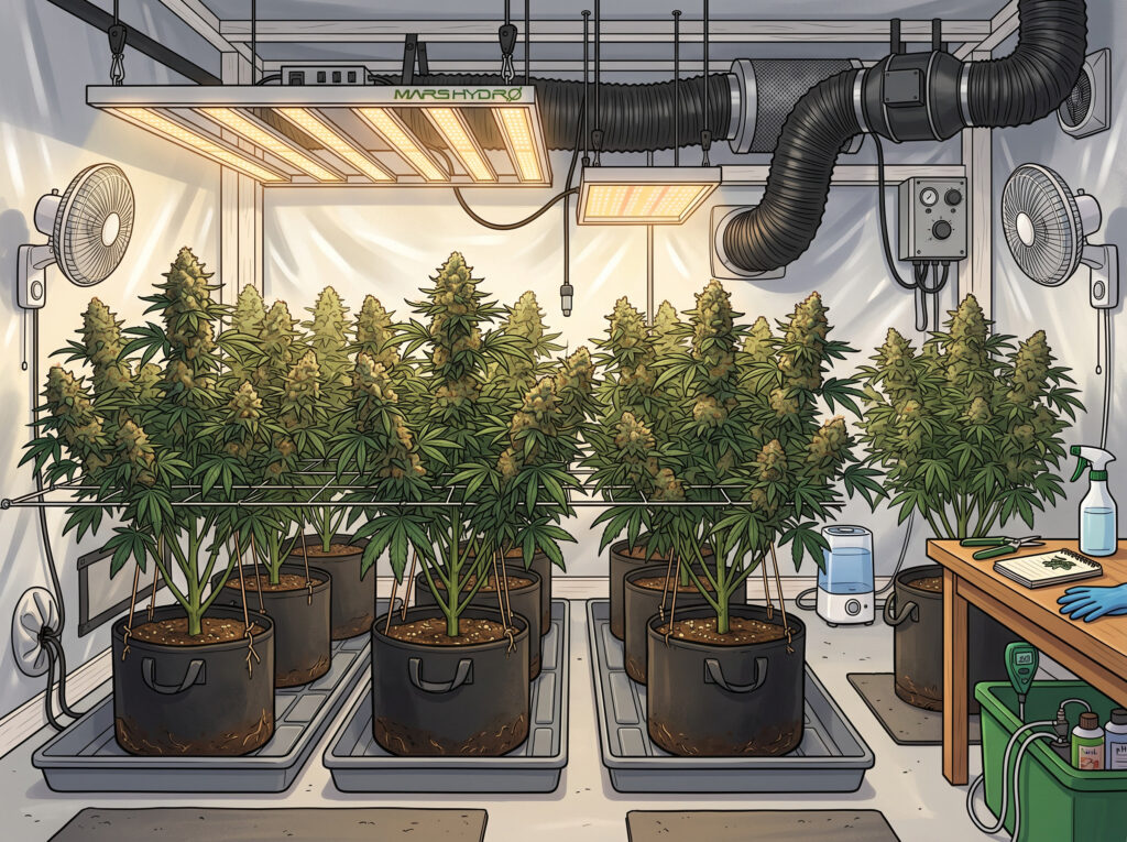 Cartoon illustration of late flowering cannabis plants in an indoor grow room with support stakes, LED light, fan, and nutrient bottles on a shelf