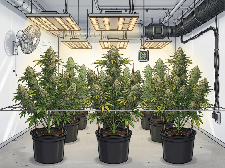 Cartoon illustration of late flowering cannabis plants in an indoor grow room with LED lights, airflow fan, ducting, and a climate monitor showing stable conditions