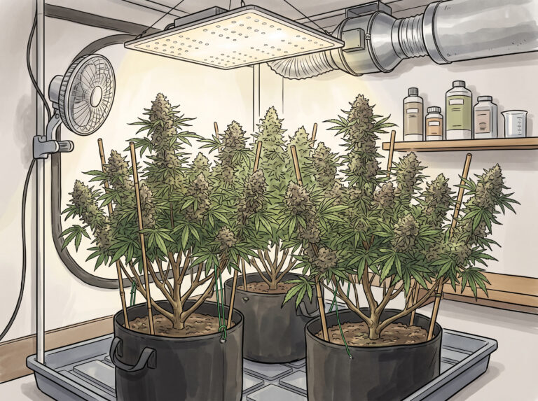 Cartoon illustration of late flowering cannabis plants in an indoor grow room with support stakes, LED lighting, airflow fan, and a shelf with nutrient bottles
