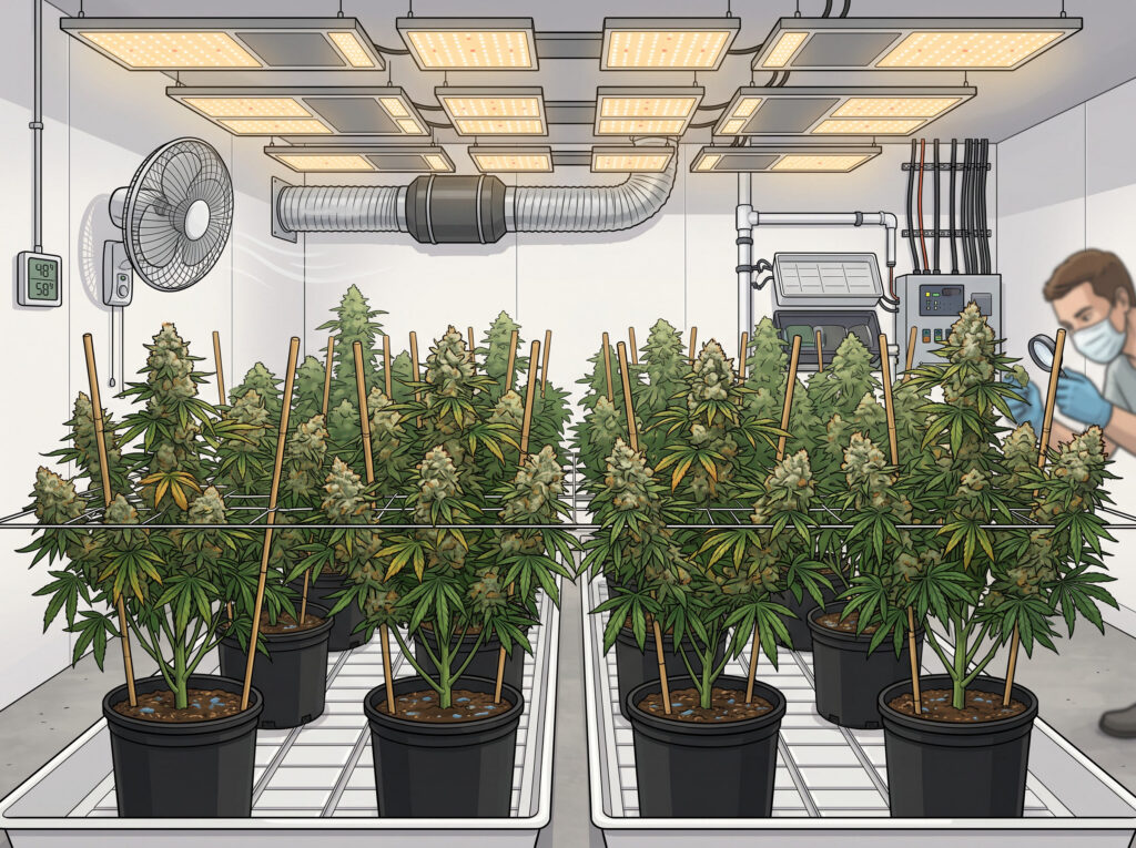 Cartoon illustration of a grower inspecting late flowering cannabis plants in an indoor grow room with LED lights and black pots
