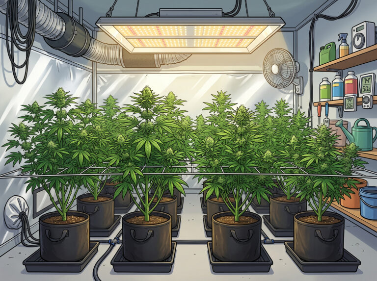 Cartoon illustration of two structured cannabis plants in an indoor grow tent during the flowering transition, with fans, LED lights, and nutrient bottles on a shelf